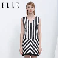 ELLE女装专柜 2015夏季新款 V领黑白条纹不规则拼接优雅连衣裙