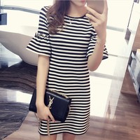 条纹连衣裙女夏季 2016韩版新款宽松荷叶袖女装短袖中长款t恤潮