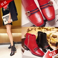 韩版秋冬新款真皮靴子红色方头短靴粗跟平底黑色马丁靴牛皮女