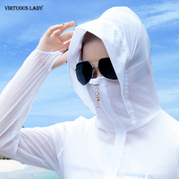 沙滩防晒衣女夏海边防紫外线长袖超薄款透气白色外套中长款带口罩
