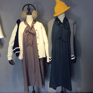 2015冬季新品 韩国复古印花系带领衬衫长袖连衣裙 女冬