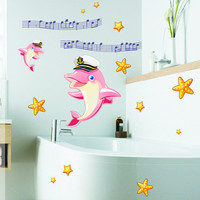 包邮粉色海豚音乐五代卡通墙贴 幼儿园儿童房浴室玻璃瓷砖装饰