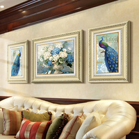 沙发背景墙酒店挂画壁画欧式美式装饰画蓝孔雀手绘油画挂画三联
