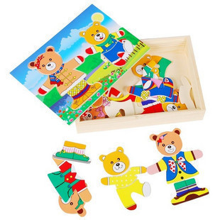 亲子教具幼儿益智玩具木制小熊换衣玩具双熊穿衣服3熊穿衣4熊