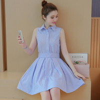 2016夏季流行款韩版中长款显瘦蓝白条纹无袖衬衫连衣裙女