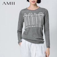 AMII艾米旗舰店2015新品卷边圆领个性条码织花纯色中长毛衣女装