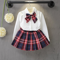 2016秋季新款韩版女童纯色衬衫+格子裙两件套套装  学院风套装