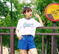 2016新款韩国东大门 原宿zipper运动休闲风字母印花女装短袖T恤