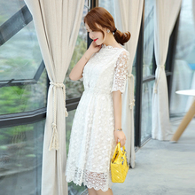 2016年新款夏季韩版时尚修身显瘦短袖中长雷丝连衣裙特价女1314