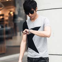 2015新款撞色短袖t恤衫男装V领夏季青年韩版修身舒适男士汗衫潮男