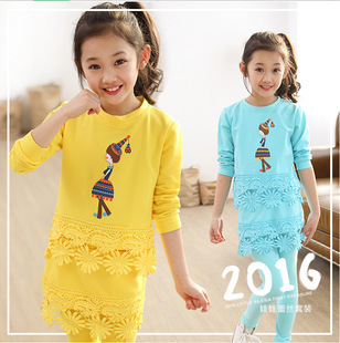 2016儿童长袖运动两件套 女孩春秋季套装中大童卡通图案衣服