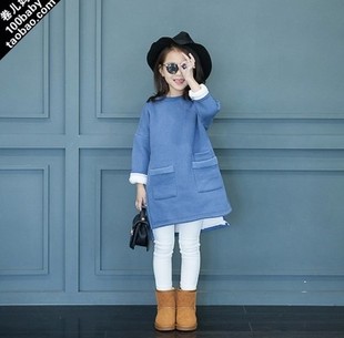 韩版加厚儿童卫衣2015冬季女童纯色口袋双层加绒圆领宝宝连衣裙子