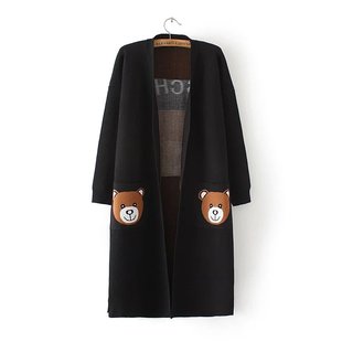 2016新款可爱小熊字母织花显瘦中长款长袖针织开衫女士外套