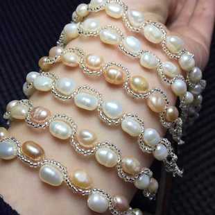 原创天然淡水珍珠手链手工手串女款白水晶隔珠配件欧美双层单圈
