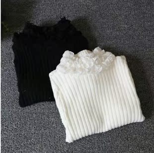 2015女童秋冬装白色高领保暖针织衫长袖3-5-7岁儿童蕾丝花边毛衣