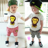 童装男韩版格子裤子+猴子T恤夏季短袖套装婴儿