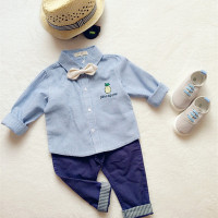定制童装春秋男童儿童宝宝纯棉水果刺绣长袖衬衫婴幼儿竖条纹衬衣