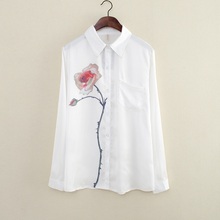 舒美伦春装新款韩版女式时尚印花玫瑰一枝花修身长袖衬衫衬衣1434
