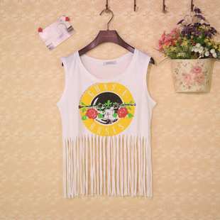 韩国东大门新品夏季2015玫瑰花图案 英文套头短款无袖流苏女t恤
