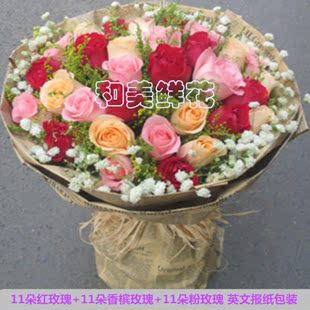 33朵红粉香槟混搭玫瑰花束重庆鲜花速递朋友同事生日祝福花店送花