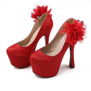 新款红色超高粗跟花朵厚底高跟鞋新娘鞋 礼服鞋红色婚鞋15CM