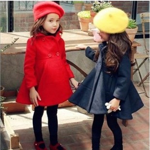 童装15女童冬季大牌翻领大红色呢子外套公主范呢大衣3-5-7岁风衣