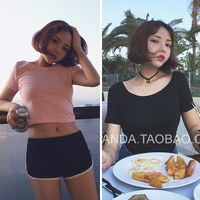 2015夏装韩国新款时尚潮流百搭修身纯色露肚脐短袖T恤女 显瘦上衣