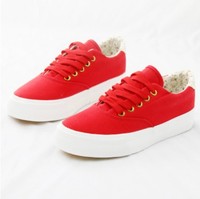 2015新款低帮红色帆布鞋女松糕系带单鞋 韩版厚底学生鞋板鞋球鞋