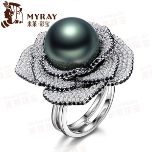 米莱珠宝 14mm无暇大溪地黑珍珠戒指 18K金镶嵌钻石 母亲节礼物