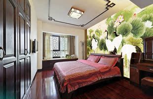 3d大型壁画电视背景墙纸客厅卧室无纺布壁纸 中式古典仙鹤戏荷