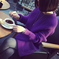 韩版秋冬新款中长款套头毛衣连衣裙女装外套紫色宽松打底衫针织衫