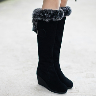2015冬季新款牛皮坡跟真皮兔毛高跟高筒靴长靴及膝靴