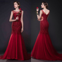 婚纱礼服2015新款冬季新娘结婚礼服修身长款红色双肩敬酒服晚礼服