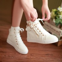 新款白色高帮帆布鞋女秋季平底平跟学生板鞋黑色韩版内增高女鞋子