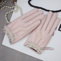 小羊皮手套高级定做2015新款蕾丝带钻真皮手套女薄手套黑粉色白色