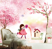 儿童卡通温馨粉色樱花3d墙纸大型壁画女孩卧室环保壁纸无味无缝