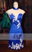 墨色礼服设计精美蓝白色铺花国风中式短旗袍小码一件包邮