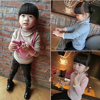 韩版秋冬装女童小童宝宝高领打底衫儿童纯色蕾丝花边加绒加厚T恤