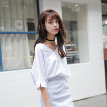 2016夏季新款韩版小清新纯色好版型V领宽松百搭短袖气质上衣女潮