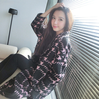 2015年冬季韩国新品中长款黑底粉色千鸟格加绒羊毛呢子大衣女外套