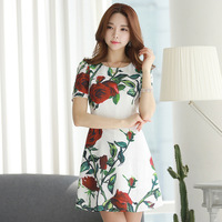 2016年夏季女装新款韩版时尚玫瑰印花修身圆领连衣裙子