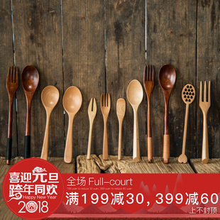 剑林木食器日式原木小勺子长柄饭勺木质汤勺叉子餐具三件套 木器