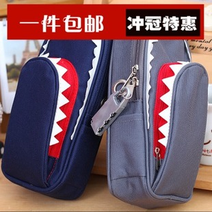 包邮 韩版个性创意鲨鱼笔袋 带锁大容量可爱卡通帆布笔袋 密码锁