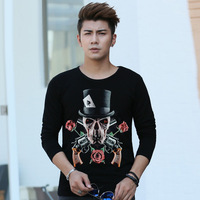 2016男士青少年韩版修身时尚3D印花长袖T恤玫瑰骷髅枪潮流男装