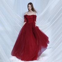 新娘一字肩长款礼服敬酒服 2015新款冬酒红色花朵修身大码晚礼服