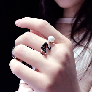 s925纯银女款开口戒指简约时尚黑天鹅奥地利水晶珍珠食指活口指环