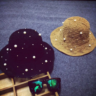 韩国正品春夏新款时尚优雅珍珠折叠户外渔夫帽盆帽草帽宽边遮阳帽