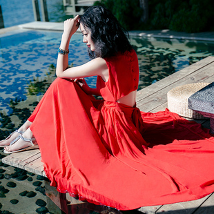 2016夏季新品无袖雪纺露背系带连衣裙波西米亚大红裙长裙沙滩裙