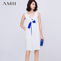 Amii[极简主义]2016春新高级定制V领领结无袖撞色连衣裙11610072