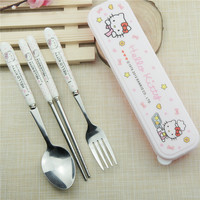 可爱卡通KT叮当猫儿童餐具筷子叉便携盒套装三件套不锈钢陶瓷餐具